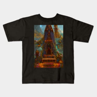 Surreal Magical Alter and Tower in Beautiful Landscape with Birds, and Flowers by the Mountains Kids T-Shirt